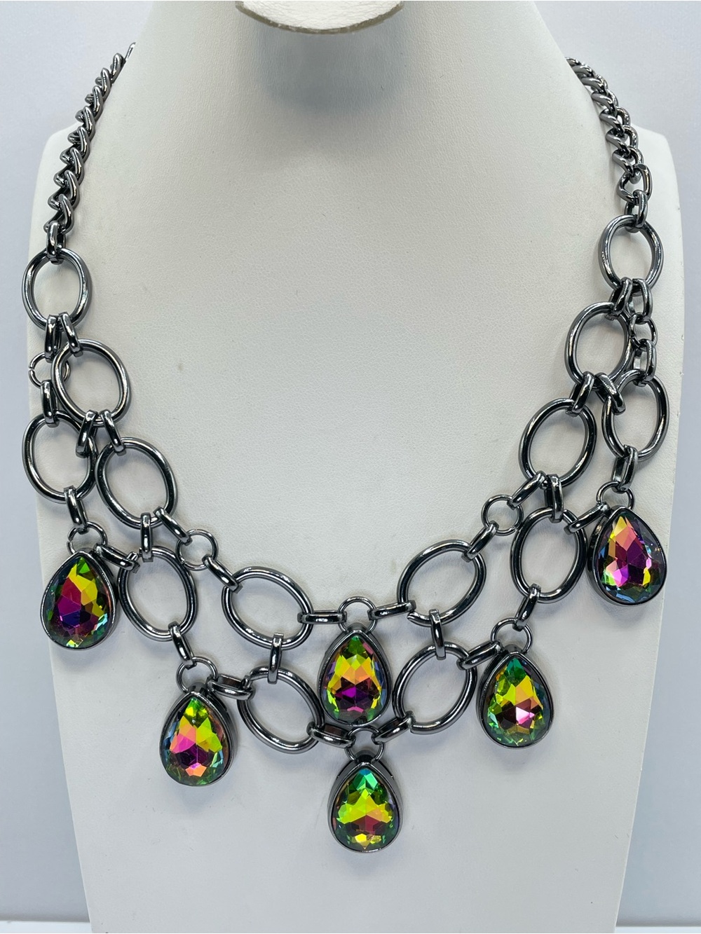 Gunmetal AB Crystal Teardrop Statement Chain Link Necklace Rainbow Glass Bib